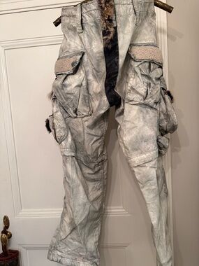 Wide Leg Cargo Pants in Light Gray with Shearling Trim